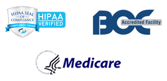 The logos for medicare, hipaa, and medicare prominently displayed in The7 footer.
