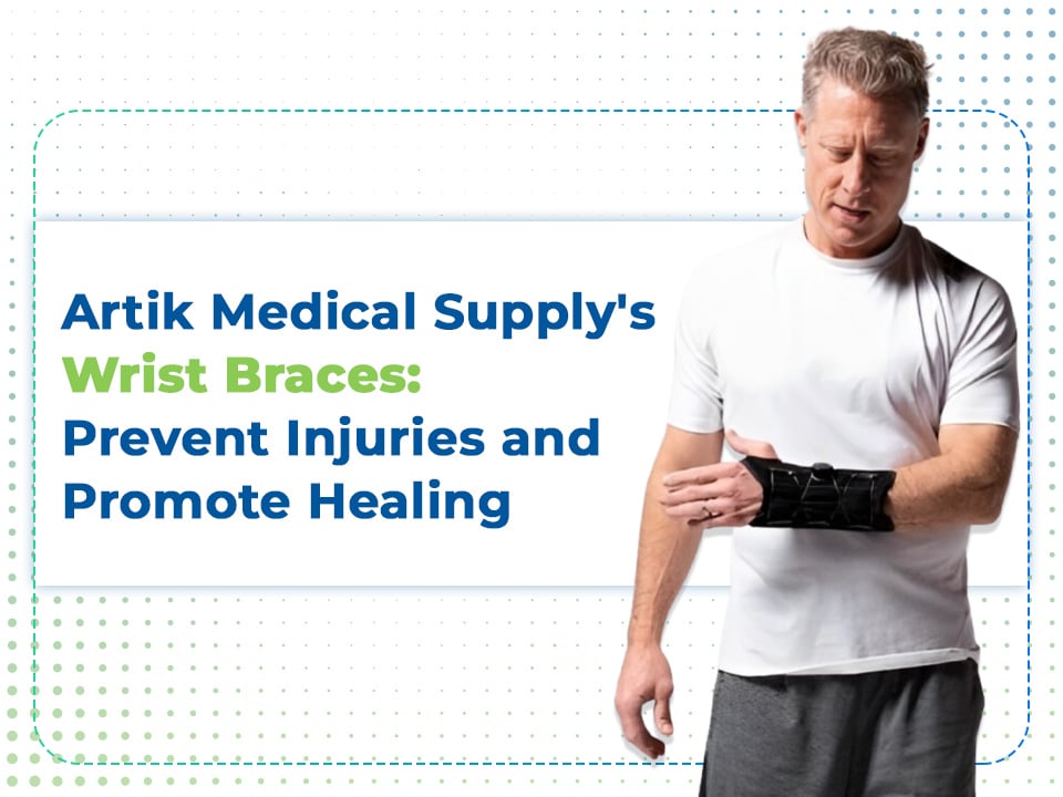 A man wearing a wrist brace with the words wrist braces prevent injuries and promote healing.