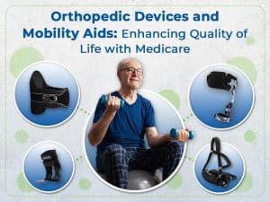 Senior man exercising with dumbbells, surrounded by images of various orthopedic devices.