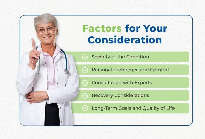 Smiling female doctor pointing up, with a list titled "factors for your consideration" including items related to healthcare decision-making, such as "Hip Stabilization Surgery.
