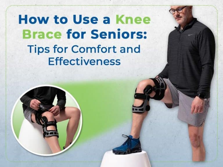 A senior man demonstrating the use of a knee brace with tips for comfort and effectiveness.