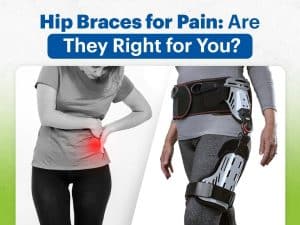 Ad for hip braces for pain featuring a woman with hip pain and two models wearing different types of hip braces, with a text headline.