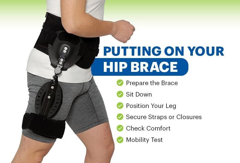 Person demonstrating how to wear a hip brace for managing hip pain, with a list of instructions including "prepare the brace," "position your leg," "secure straps or closures," and "check comfort.